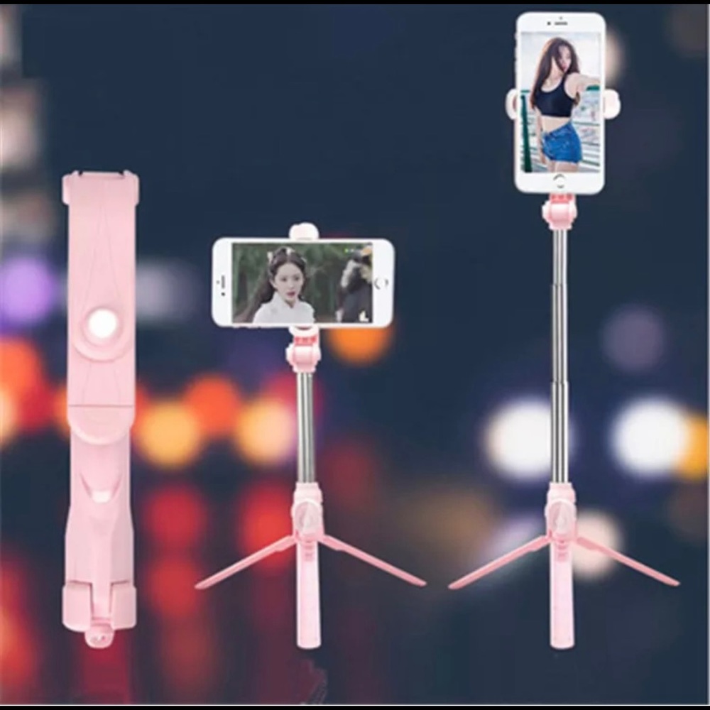 Mini travel selfie stick and tripod pink/black/white